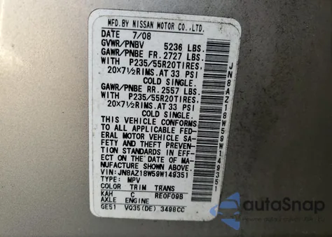 2009 Nissan Murano S z USA, uszkodzony, nr VIN JN8AZ18W59W149351